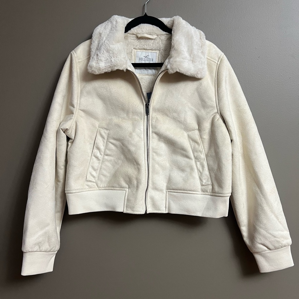 Hollister Off-White Faux Suede Jacket with Plush Collar